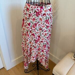 Cellecci Floral Ruffle High-Low Cotton Maxi Skirt Pink & White - Small Boho